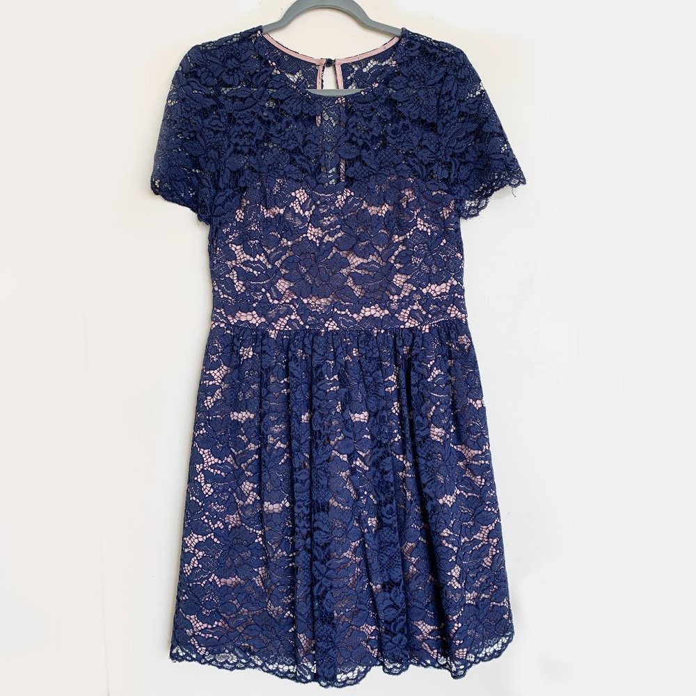 Eliza J. Fit & Flare Dress, Navy Lace, Blush Satin lining, Size 10